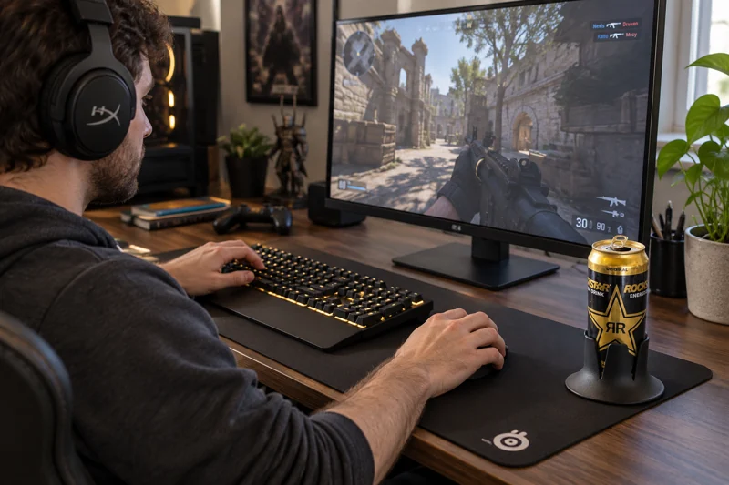 Adult PC gamer mid-session at mechanical keyboard with opened energy-drink can in Steadi on dedicated clear part of actual gaming desk outside mouse sweep. AI illustration.