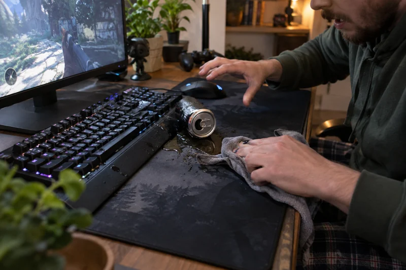 Fast mouse reach catches can; sticky drink reaches desk mat and keyboard edge. AI illustration.